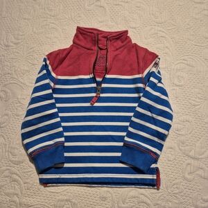 Mini Boden boys blue & white stripe with red shoulder 1/4 zip sweatshirt VGUC
